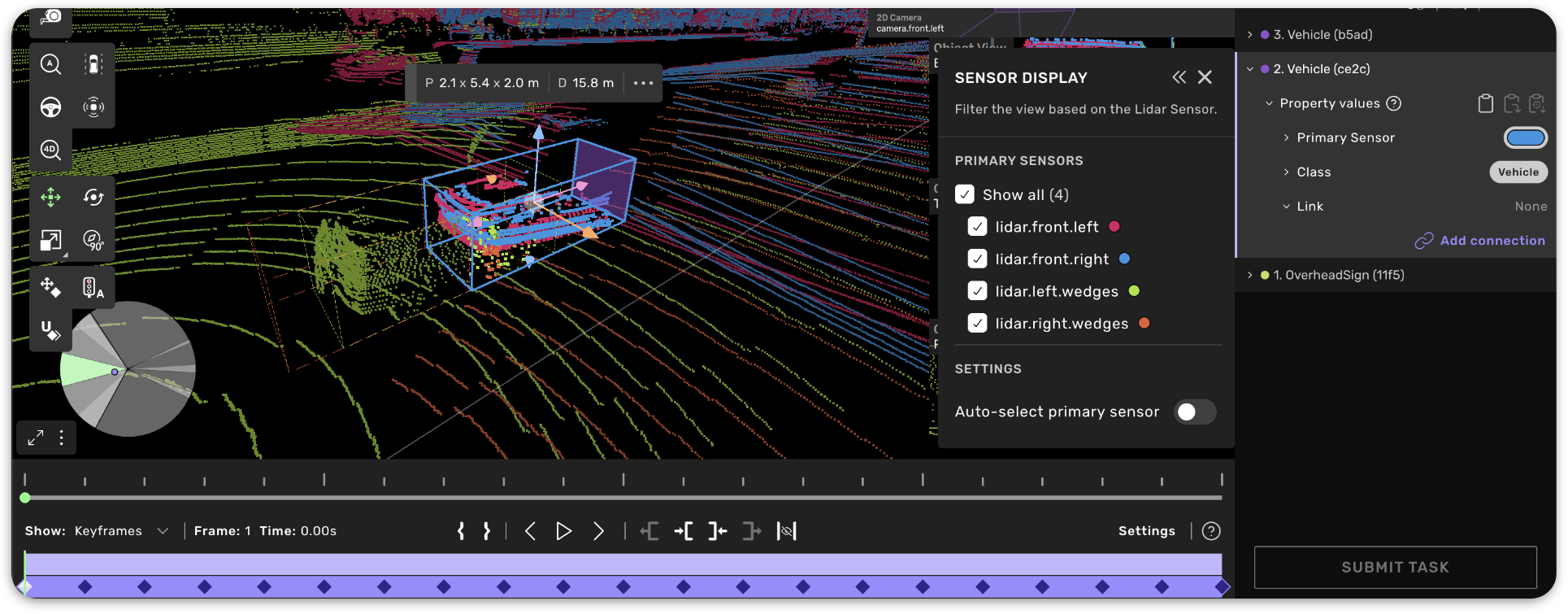 Kognic sensor display view: lidar point cloud with vehicle cuboid and sensor property panel