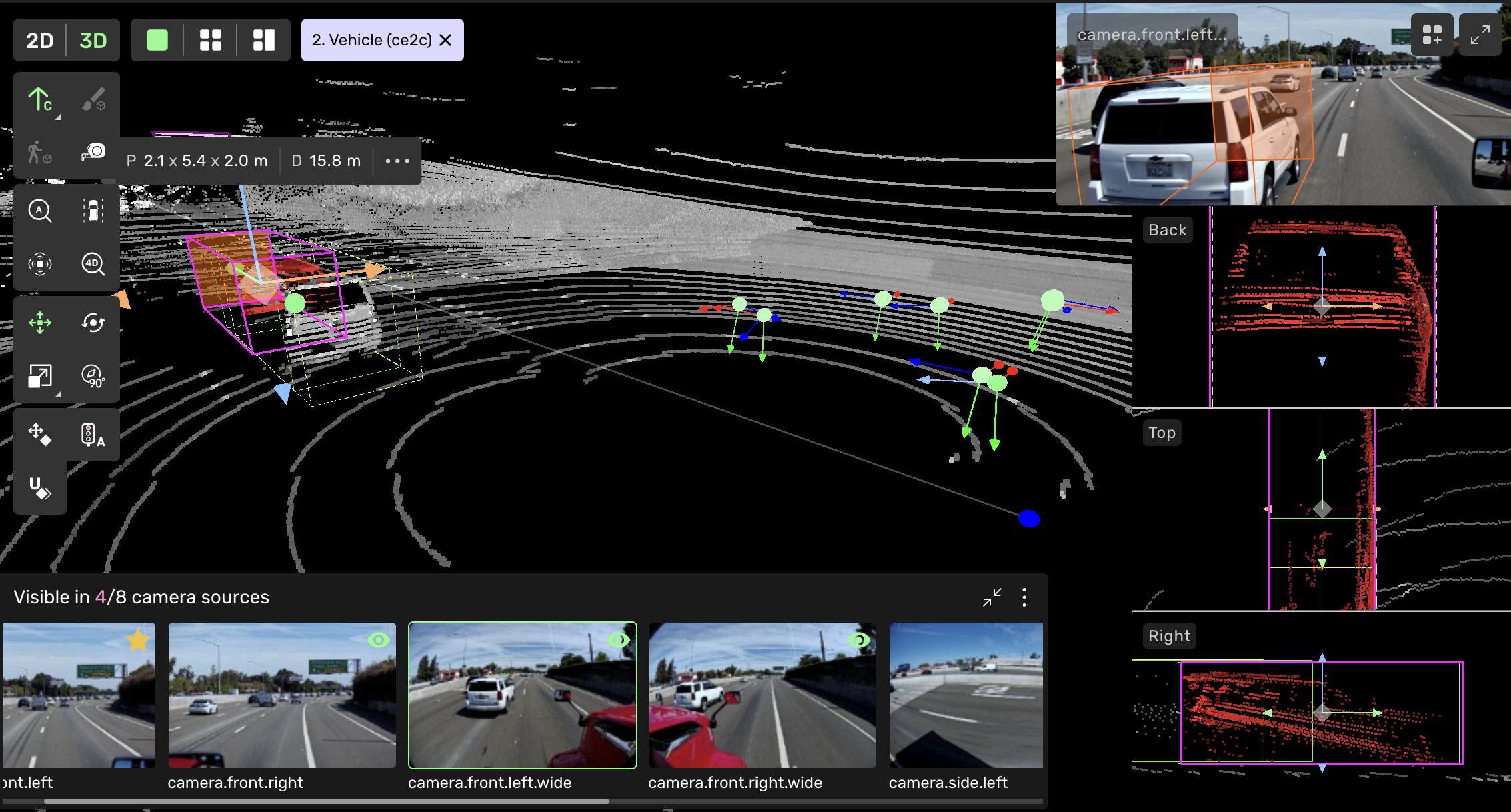 Kognic annotation UI showing multi-sensor fusion: 3D LiDAR point cloud with vehicle cuboid, multiple camera streams and back, top and right projection windows