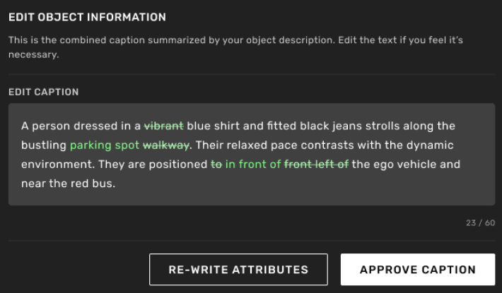 Kognic Edit mode: model-proposed reasoning text under human review
